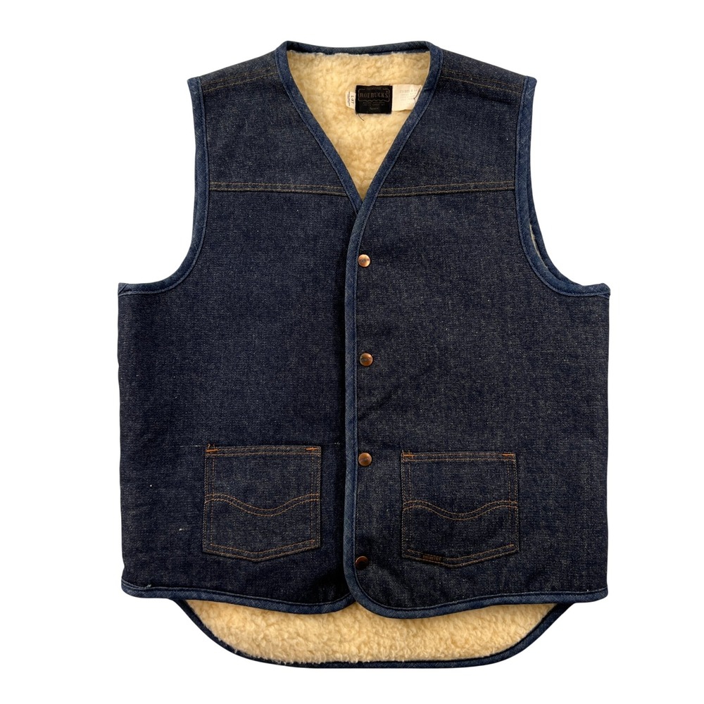 VTG 80s Sears Roebucks Denim Sherpa‎ Lined Vest Mens Large Tall Blue Western USA